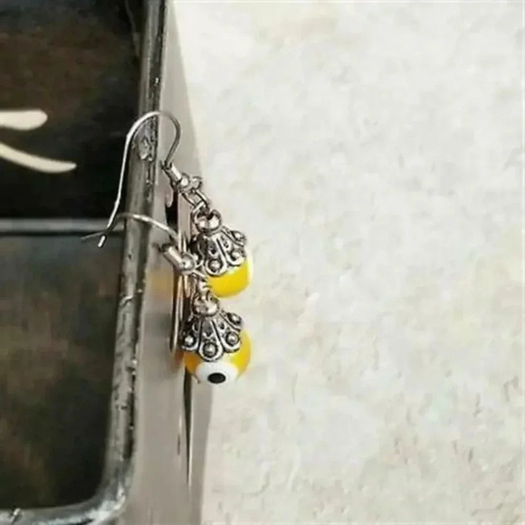 Handmade Evil Eye Yellow Lampwork Glass Beads Protective Talisman Drop Earrings - Picture 5 of 5